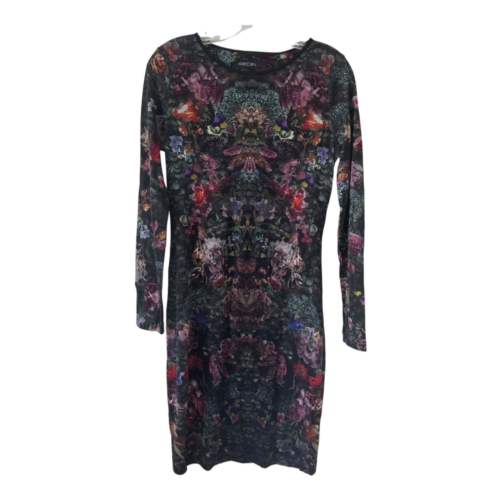 Marc Cain Black Floral Graphic Print Long Sleeve Mesh Semi Sheer MIDI Dress